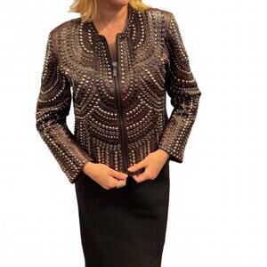 NEW NOUR HAMMOUR women's leather studded jacket in burgundy